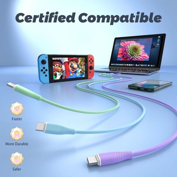 3 Pack 6 FT Type C Fast Charging Cable 60W USB C Charger Cable USB C - Picture 5 of 7